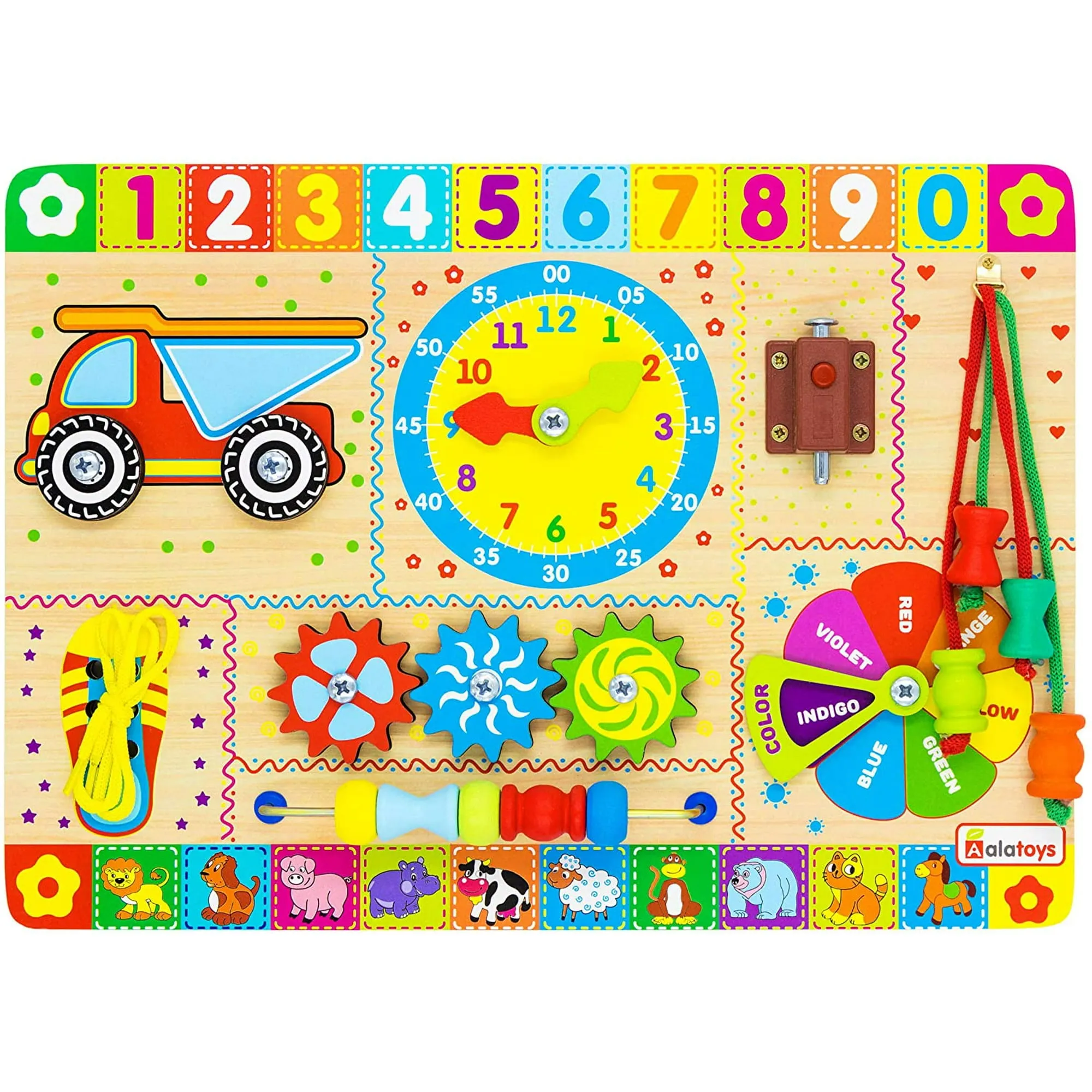 Terra Wooden Sensory Toy Busy Board for 3 Year Old Toddler Montessori Educational Sensory Fidget Lacing Gears Toy with Buckle to Learning Numbers Activity Toddlers Learning - Wood